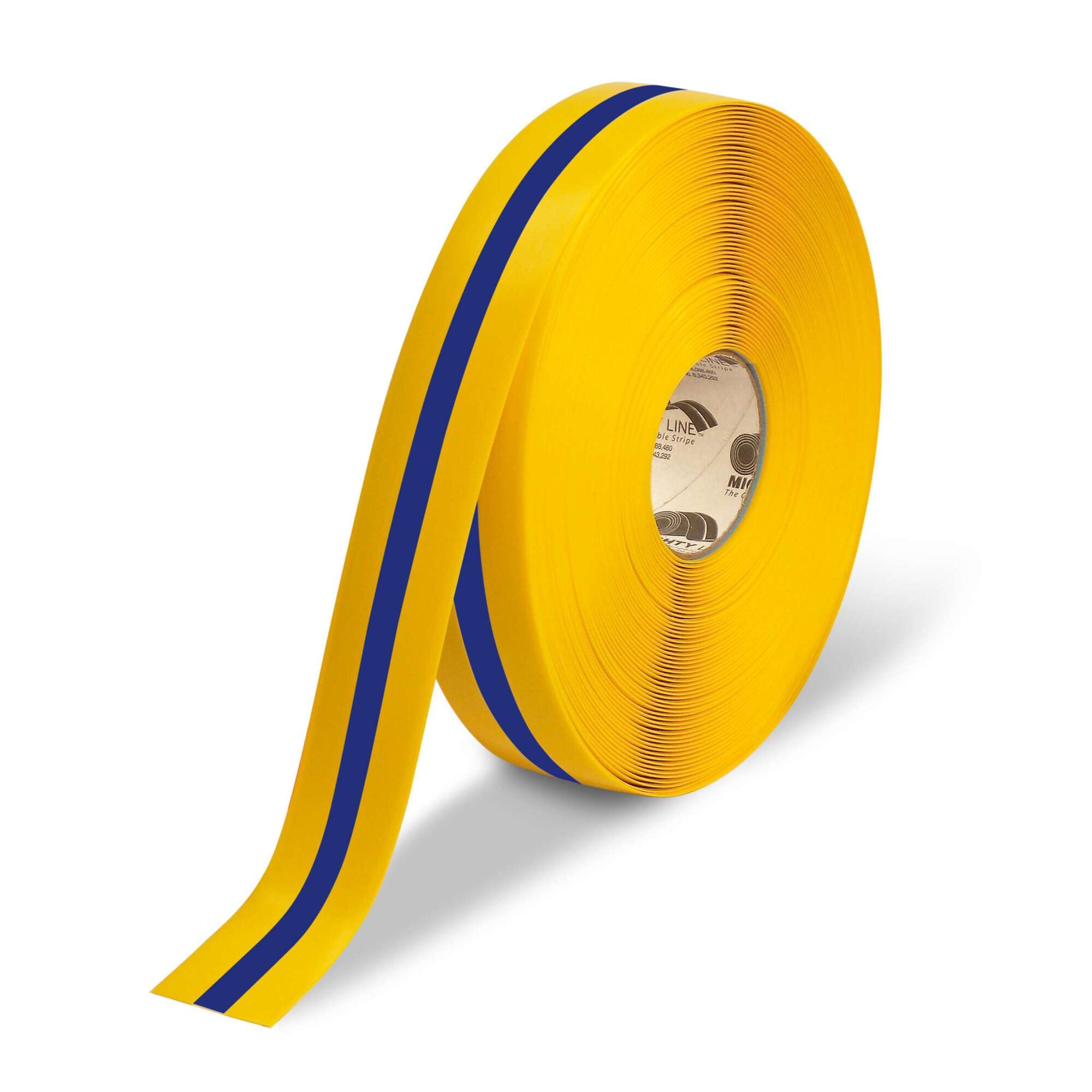 Mighty Line Yellow Floor Tape with Blue Center Line — 2in. x 100ft. Roll, 50 Mil Thick, Vinyl, Model# 2RYBCTR